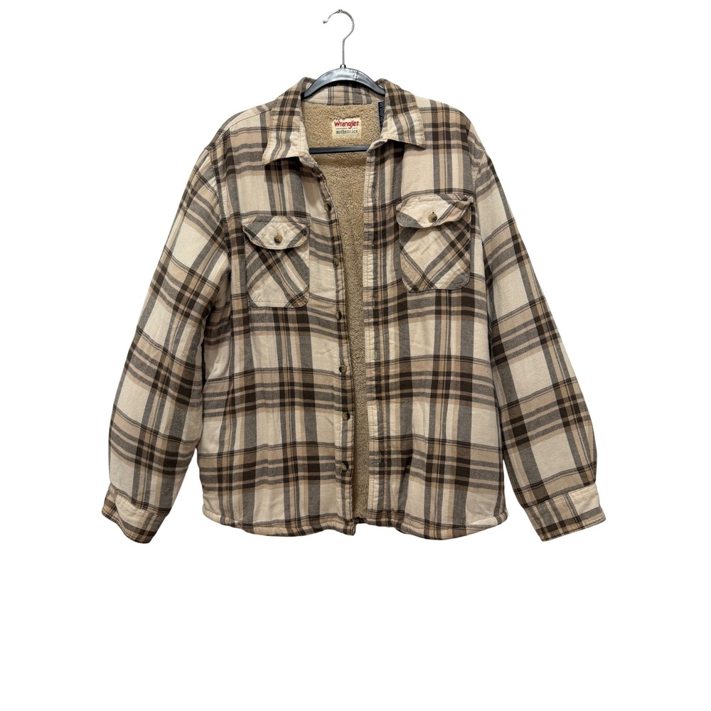 Wrangler Authentics Mens Sherpa Lined Flannel Shirt Jacket Plaid Tan Brown Large